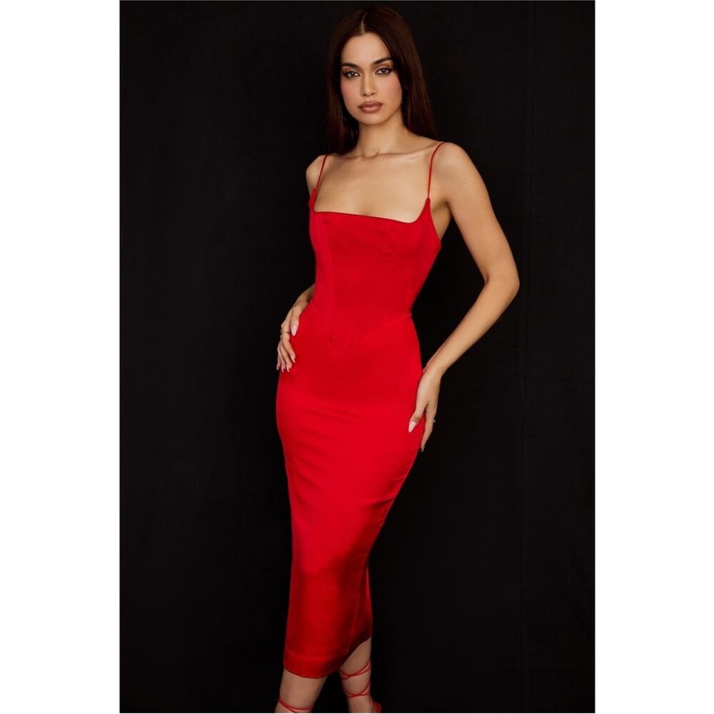 House of CB Red Anais satin pointed corset dress